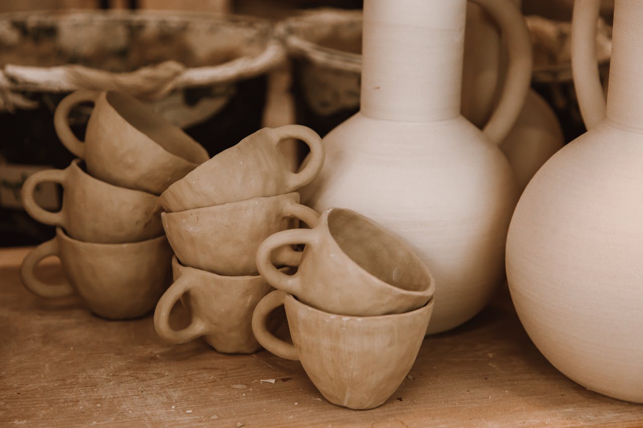 Unfinished pottery cups and vases in a workshop, showcasing handcrafted artistry.